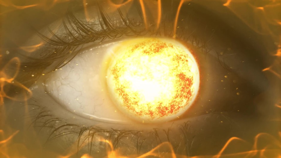 Yellow spinning sun inside hollow eyeball with yellow aurora and particles motion graphic