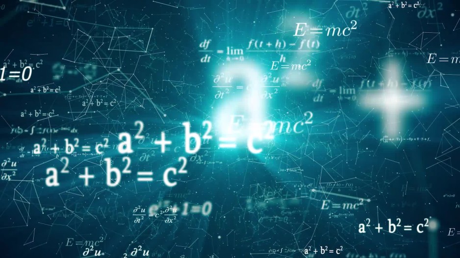 Complicated mathematical formulas flying at screen over astrology