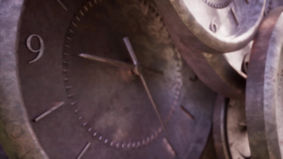 Wound up brass 3D clock faces spinning ClipStock