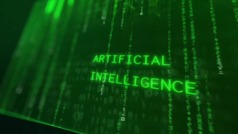 Artificial Intelligence in green computer matrix style code screen