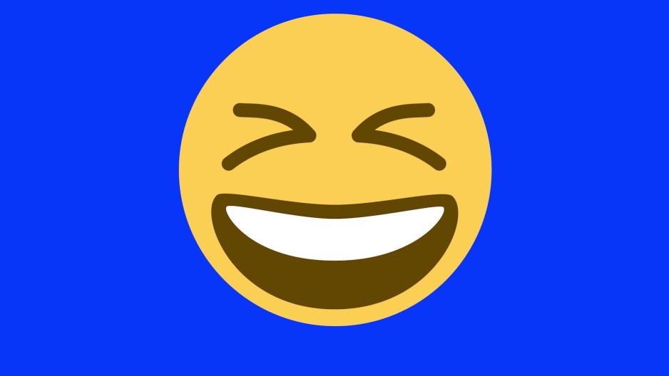 Laughing face emoji eyes closed crying spin scale up animated blue