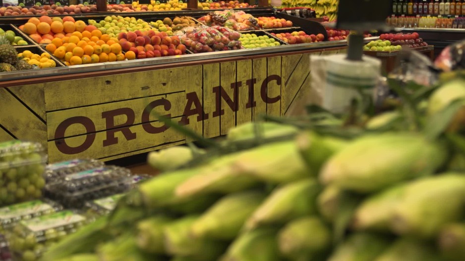 Fresh corn and produce stand in grocery store ClipStock