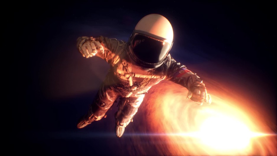 Spaceman astronaut stuck in outer space drifting slowly towards cosmic