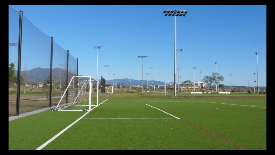 Side shot of soccer goal and goalie box on field ClipStock