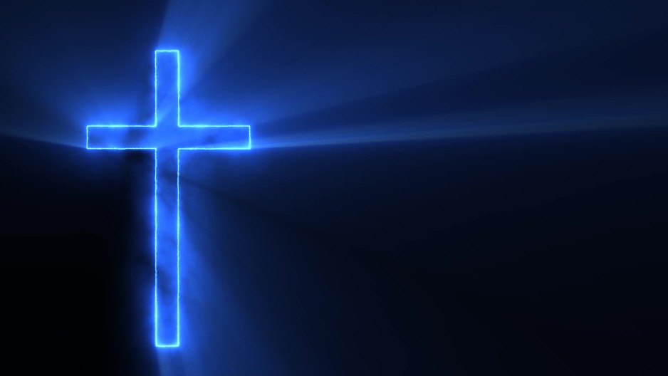 Blue glowing neon in shape of cross emitting god rays of light from the