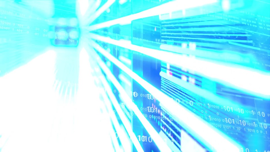 Detailed animation of server room with digital waves moving throughout ...
