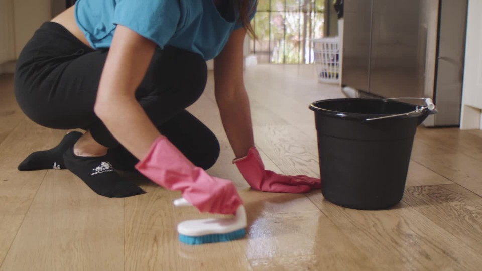 Young woman scrubbing wooden kitchen floors ClipStock