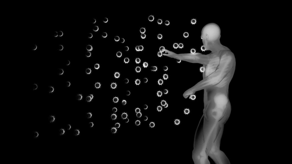 Parallax black Xray map visual showing male figure stopping germs with