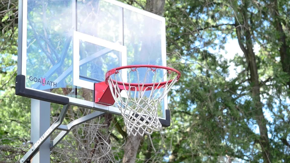 Basketball hoop outside with trees blowing in the background ClipStock