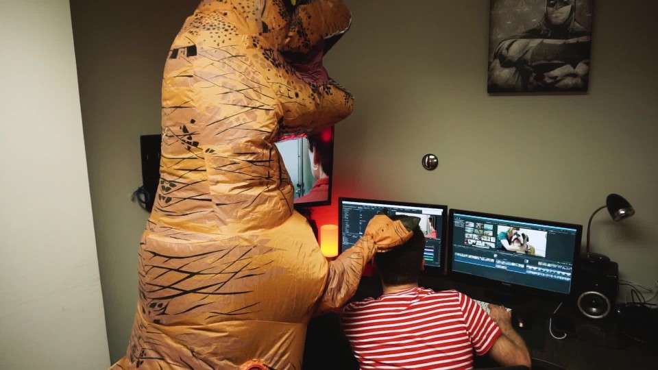 Coworker wearing trex suit supervising video editor in office ClipStock